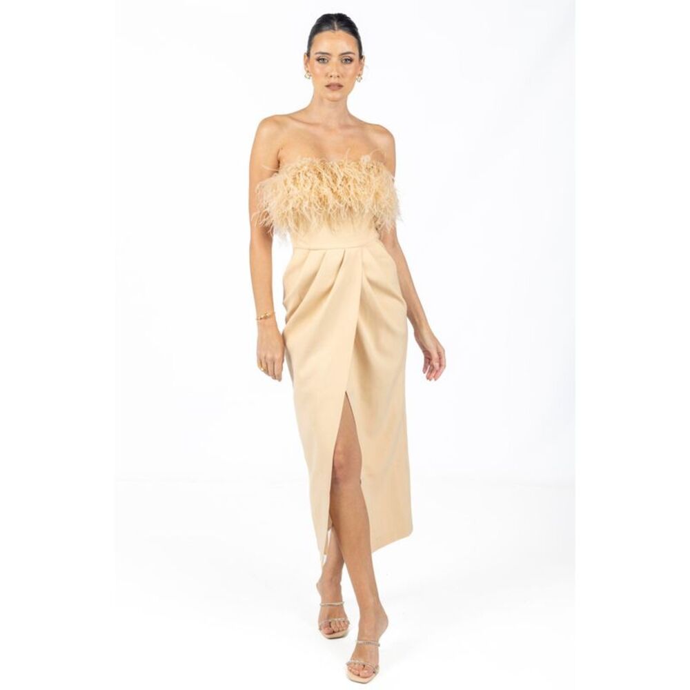 Diane Midi Feather Dress Beige